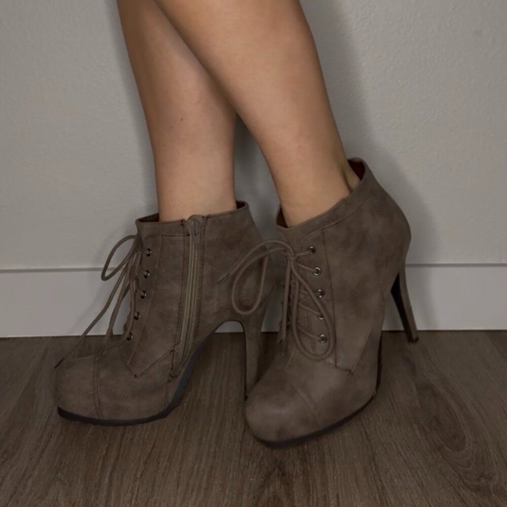 Taupe Lace-Up Heeled Boots